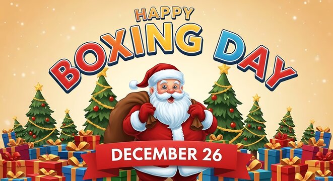 Happy boxing day illustration with santa claus, christmas trees, and gift boxes, celebrating december 26th
