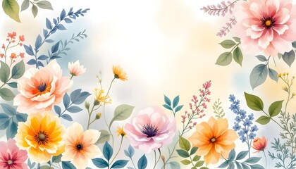 Obraz premium Watercolor floral pattern of hand-painted wildflowers and sprawling leaves,created for wallpaper and fabric, illuminated with diffused, even