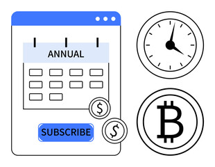 Calendar with Annual label, subscription button, clock, cryptocurrency Bitcoin, and dollar coin. Ideal for subscription service, payment, scheduling, investment digital wallet time management