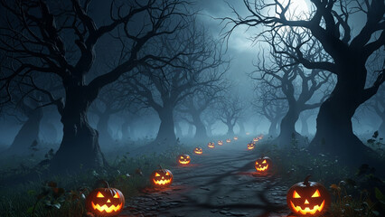 Eerie path through a haunted forest with glowing Halloween pumpkins