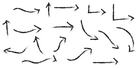 Hand-drawn thin line arrows set. Arrow icon. Doodle arrow. Collection of different arrow signs. Many vector curvy and wavy arrows. White hand-drawn doodle arrow set.