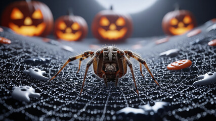 Spooky spider on a cobweb with Halloween pumpkins and a full moon