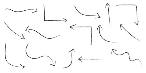 Crayon arrow sketches collection - hand drawn doodle style pointers, curved lines, round swirls. Chaotic scribbling, artistic design elements set. Black grunge brush strokes isolated on white bg.