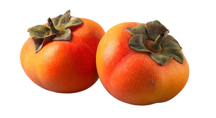 Two ripe persimmons, vibrant orange-red hues, displayed against a stark black backdrop, showcasing their textured skin and subtle details.