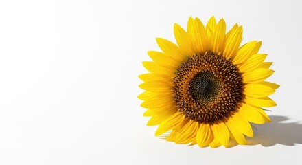 Obraz premium Vibrant Yellow Sunflower Blossom on Clean White Background with Natural Shadow, Highlighting its Detailed Petals and Seed Head