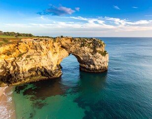 Fototapeta premium Coastal archway, turquoise water, golden cliffs