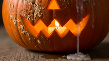 Glowing Halloween pumpkin with dripping wax on a wooden table