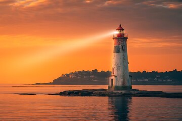 Majestic lighthouse beam cuts through a vibrant orange sunset over a calm ocean