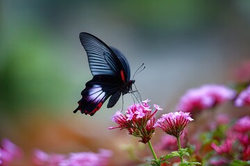 Close-up of a black and red butterfly feeding on a cluster of pink flowers.
