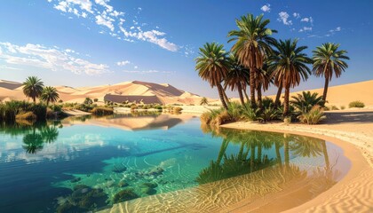A tranquil oasis lake nestled amongst towering palm trees in a sun-drenched desert landscape.