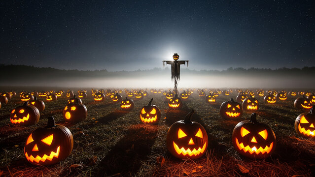 Scary Halloween night in a pumpkin patch with a creepy scarecrow and fog