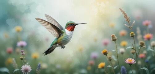Naklejka premium Impressionistic Hummingbird in Flight Soft Colors and Blurry Textures in a Dreamy Landscape