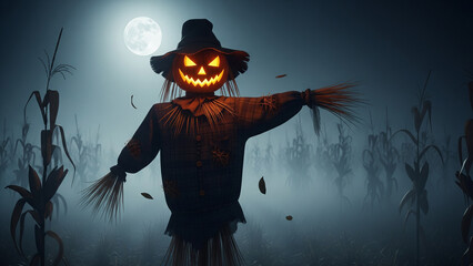 Terrifying Jack-o'-Lantern Scarecrow in a Foggy Corn Field Under the Full Moon