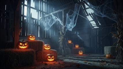 Spooky Halloween Pumpkins and Cobwebs in a Dark Abandoned Barn