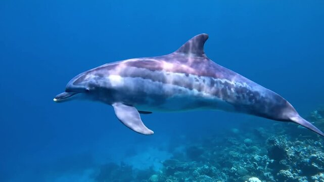 Footage of a rare-looking dolphin with purple and turquoise skin patterns swimming under soft ocean light