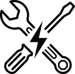 Spanner and screwdriver crossed with lightning bolt representing electrical repair and maintenance services vector