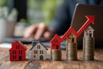 Miniature houses on stacks of coins, rising red arrow