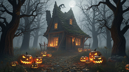 Witch's Hut in a Dark, Foggy Forest with Glowing Jack-o'-Lanterns Under the Moon