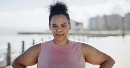 Plus size woman, portrait and exercise in city with pride, break and sweat for weight loss in street. Person, outdoor and confident in town with fitness, training routine and wellness in Brazil