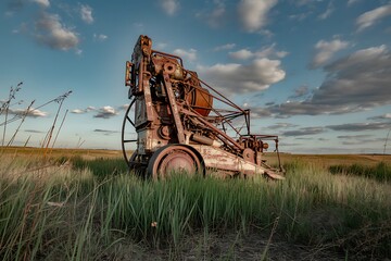 Fototapeta premium Abandoned rusty oil pump jack stands weathered and decaying in a grassy field under a dramatic sky