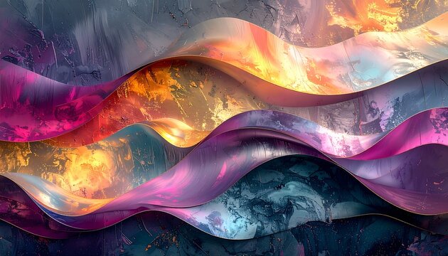 Ethereal layers of iridescent cosmic fabric flowing in a dynamic and colorful abstract wave pattern background