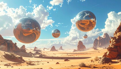 Mysterious reflective orbs hovering over a vast and surreal desert landscape under a cloudy blue sky