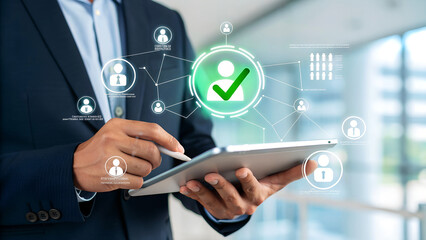 Businessman accessing user profile verification on tablet, modern technology and digital security concept for business operations