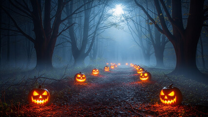 Eerie Path Lined with Jack-o'-Lanterns in a Foggy Dark Forest