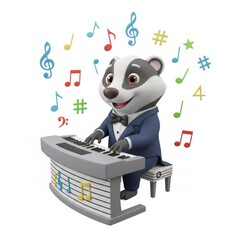 A dapper badger plays a keyboard surrounded by cheerful musical notes