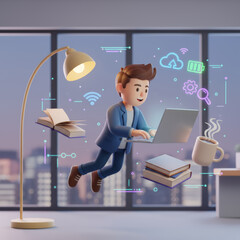 3D Cartoon Man Working on Laptop, Modern Office Night