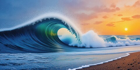  Thousands of tiny dots create a vibrant and textured representation of an ocean wave crashing onto the beach.
