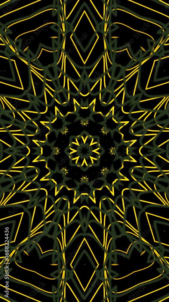 Poster mesmerizing geometric kaleidoscope animation with intricate star patterns on black background