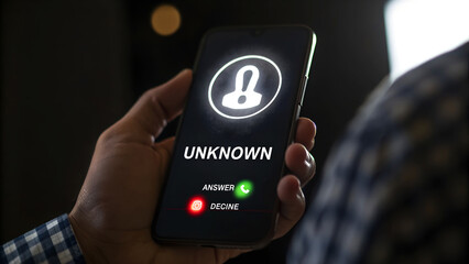 Incoming call from unknown number on smartphone, potential scam alert, phone call security concept, privacy concerns, modern technology