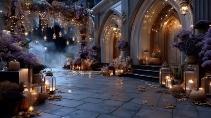 Gothic Halloween courtyard with pumpkins, autumn leaves, dark flowers, and glowing lanterns, cinematic moody atmosphere with soft warm lighting and mist, elegant spooky scene with natural textures