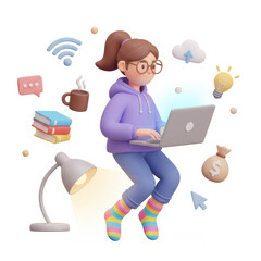 Girl Working on Laptop, 3D Render of Freelance Concept