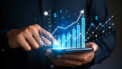 Businessman analyzing financial data with smartphone, visualizing market growth and successful business strategies with a dynamic chart