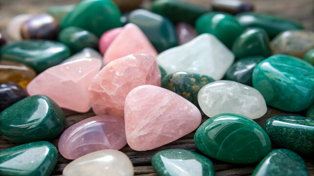 Assorted polished pink and green gemstones tumbled smooth - Powered by Adobe