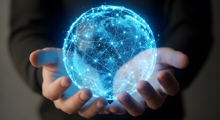 Close-up of hands gently holding a glowing digital earth globe, depicting global connectivity; a futuristic, blue-toned image against a dark background, showcasing a