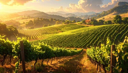 Fototapeta premium A beautiful vineyard landscape with rolling hills at sunrise, showcasing vibrant green grapevines and a warm golden light.