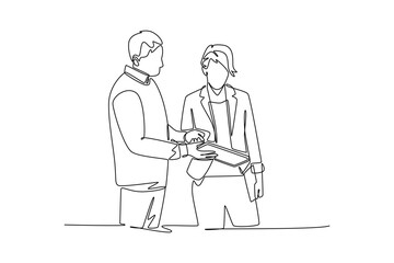 Business people discussing over digital tablet. Business Agreement concept. Single line draw design. Vector graphic illustration