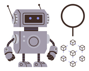 Fototapeta premium Robot analyzing data structure with magnifying glass and connected cubes. Ideal for AI, technology, robotics, data analysis, machine learning, innovation, research. Simple flat metaphor