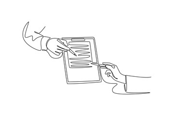 reviewing and discussing a contract agreement. Business Agreement concept. Single line draw design. Vector graphic illustration