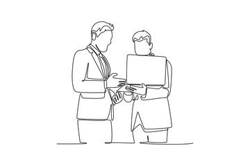 two professional businessmen discussing contract document. Business Agreement concept. Single line draw design. Vector graphic illustration