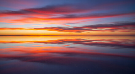 Obraz premium Dramatic Fiery Sunset Reflecting on Calm Water Surface in Colorful Sky