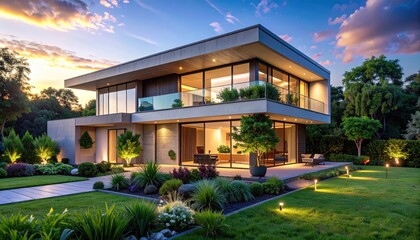Fototapeta premium Modern, contemporary residence with meticulously landscaped grounds at dusk, showcasing a sophisticated exterior design.