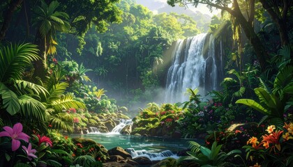Fototapeta premium Lush tropical waterfall cascading over rocks into a tranquil pool surrounded by vibrant greenery and colorful blossoms.