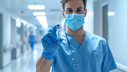 Covid vaccine access in hospital shown by healthcare worker with mask and gloves holding vial in bright medical corridor