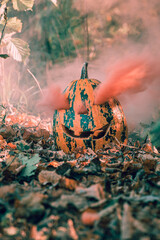 Pumpkin with colorful smoke and carved face in autumn leaves