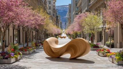 City street, spring blossoms, curved wood sculpture