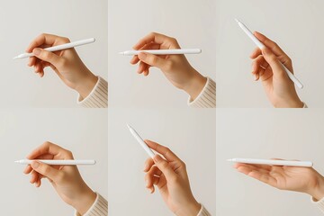 Multiple Hand Gestures Holding Stylus Pen Collection. Set of Hands Using Digital Pen for Drawing and Writing. White Stylus in Various Hand Positions Isolated on White.